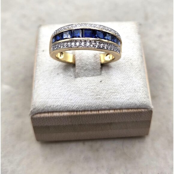 Ring 14K Yellow Gold Over 925 Stamped Princess Lab Created Sapphire & Cubic Zirc - Picture 3 of 7